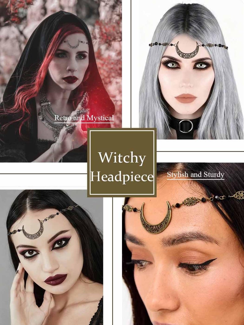 Yalice Boho Crescent Moon Head Chain Vintage Black Crystal Headband Chain Rhinestone Headpieces Witchy Forehead Chain for Women (Bronze-Black, One Size) - Image 3